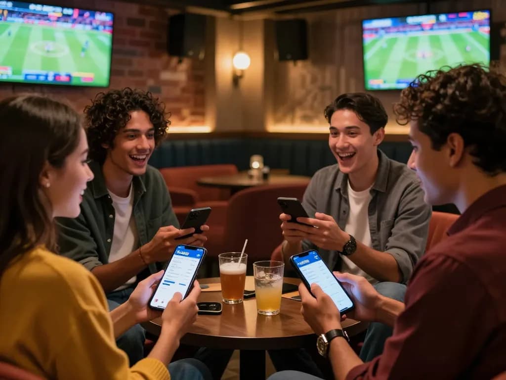 Engaged friends analyzing betting strategies using the Net88 app in a vibrant sports lounge.