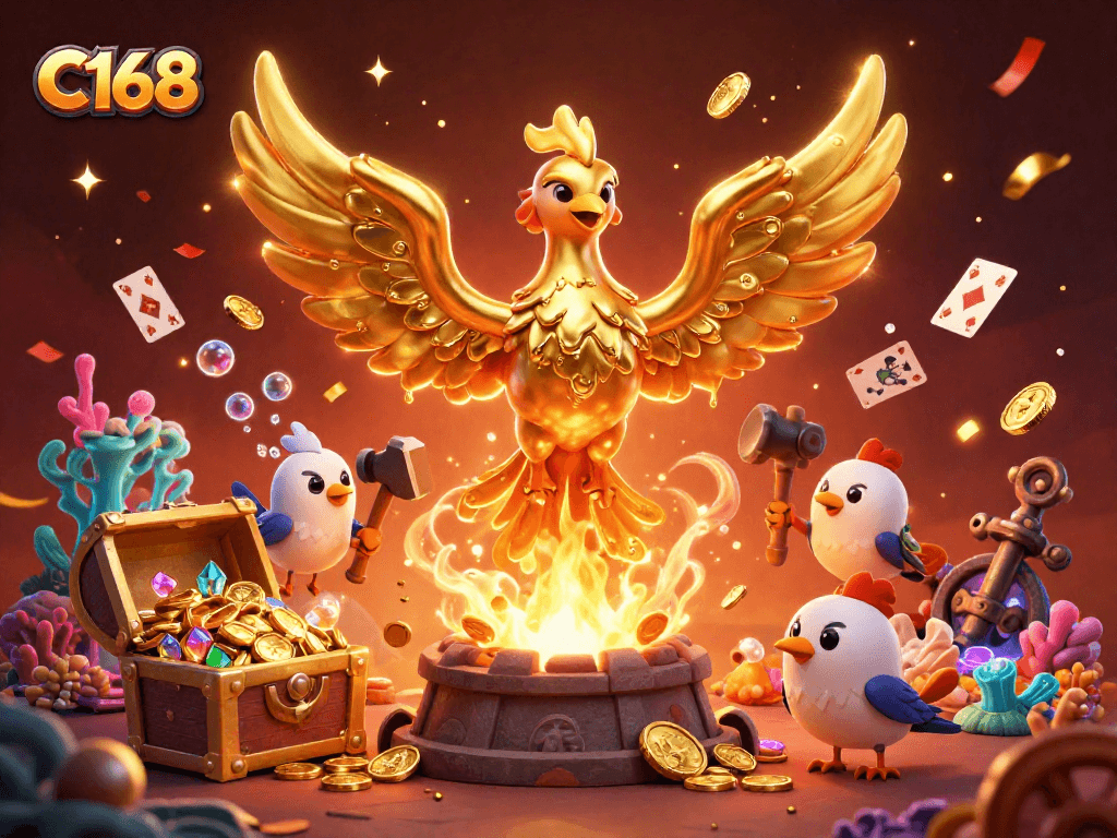 C168 elevates the gaming experience with a 3D golden phoenix rising from molten gold surrounded by vibrant casino elements.