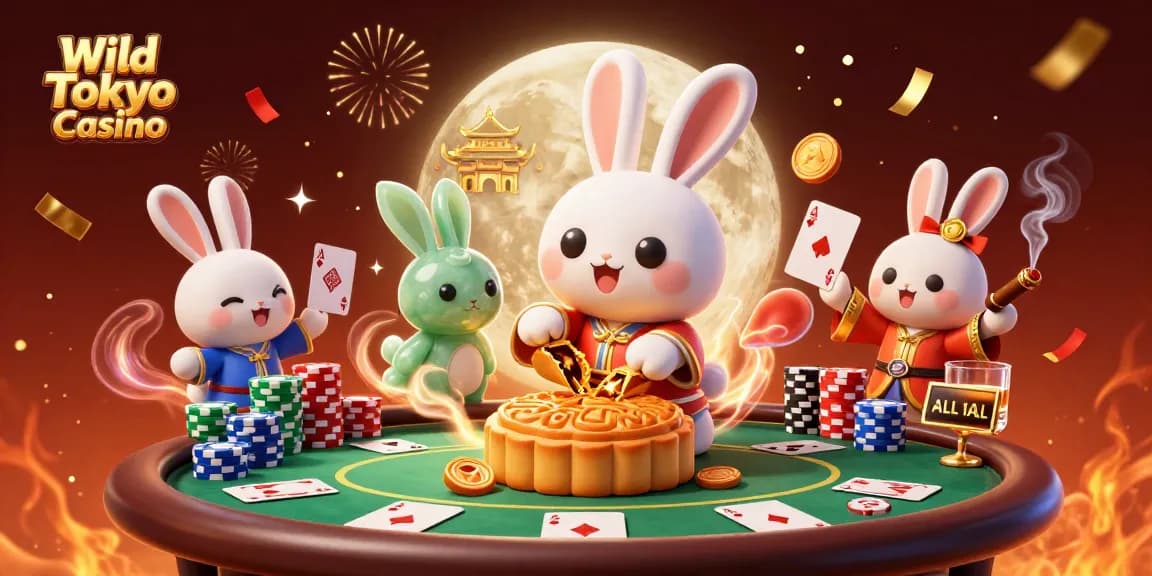 Esplora il Wild Tokyo Casino con un coniglietto della luna che scopre chip da poker all'interno di dolci prefabbricati.