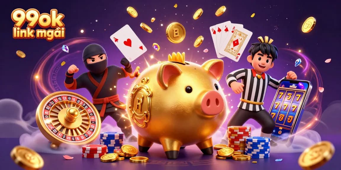 Cascade golden chips and gems in a lively scene showcasing 99ok link mới with dynamic casino characters.