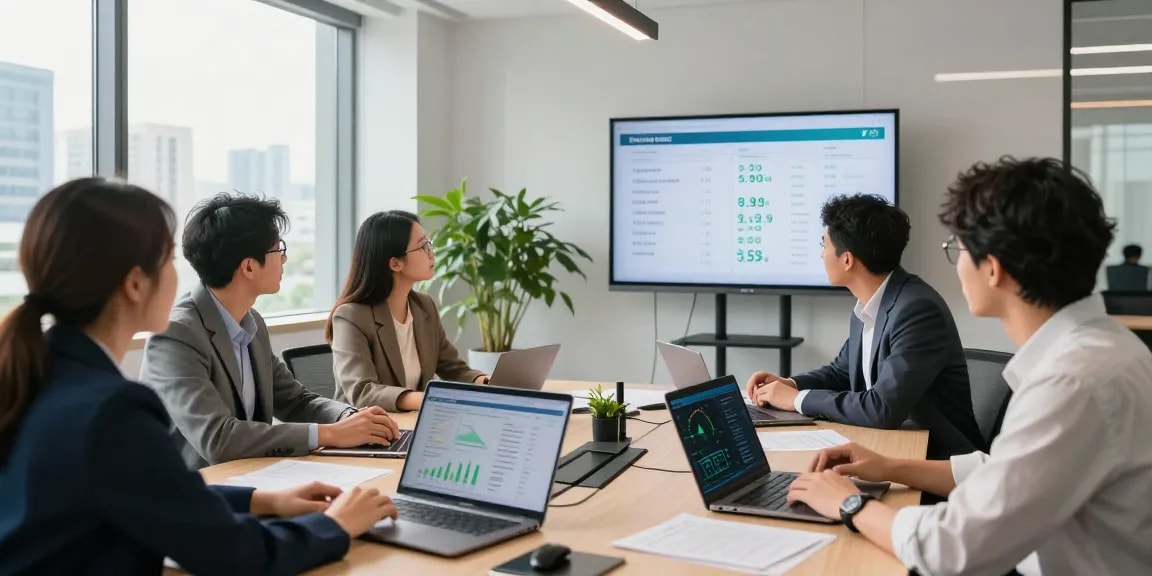 Business electricity half hourly meter discussion in a modern office with professionals analyzing energy data