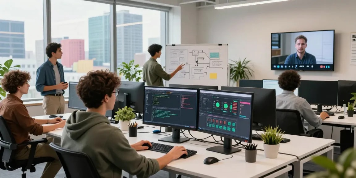 Dynamic team collaboration at the WPS Official Website context featuring developers and coding interfaces in a vibrant office setting.
