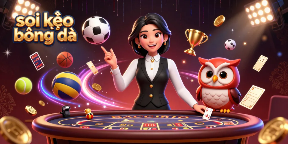 Soi kèo bóng đá featuring an Asian woman dealer and owl assistant at a vibrant sports betting scene