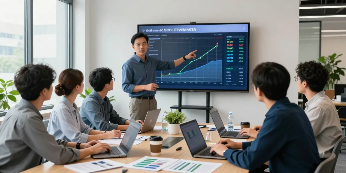 Business electricity half hourly meter data insights in a modern office collaboration scene with professionals discussing energy strategies.