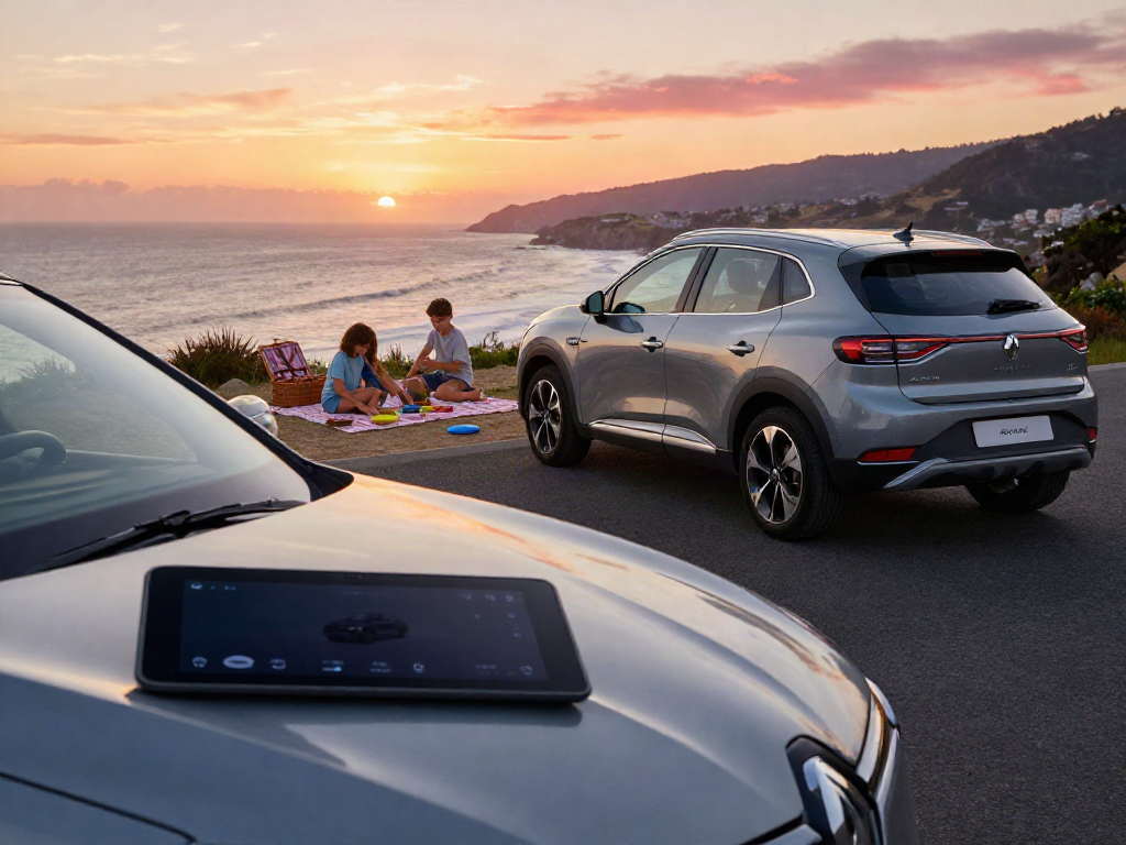 Picnic familiare vicino a una Renault durante il noleggio lungo termine Renault, con vista mare sullo sfondo al tramonto.