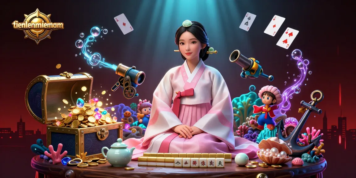 Tienlenmiennam showcases an elegant Asian woman with mahjong tiles and floating cards, embodying the essence of online gambling.