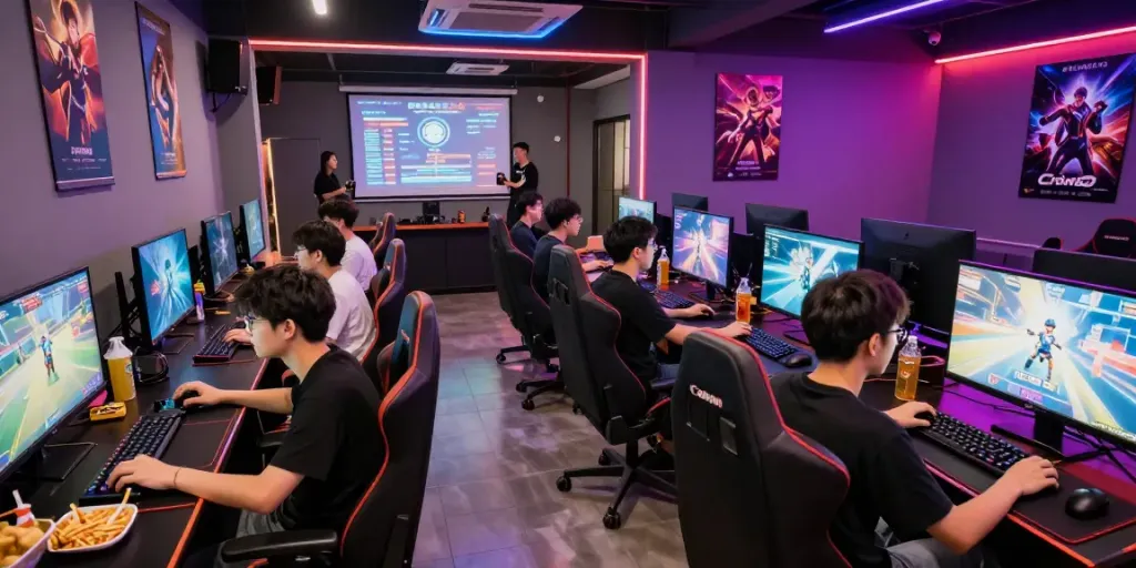 Youth gaming experience at rokok88 gaming lounge with vibrant lighting and engaged players.