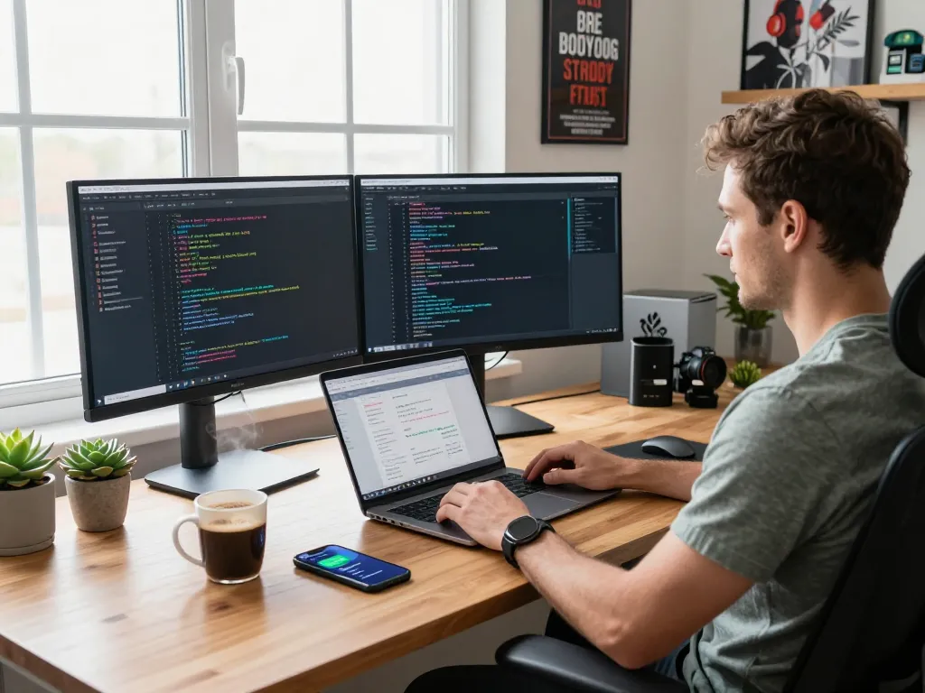 Developer engaging with clawdbot AI in a bright tech workspace.