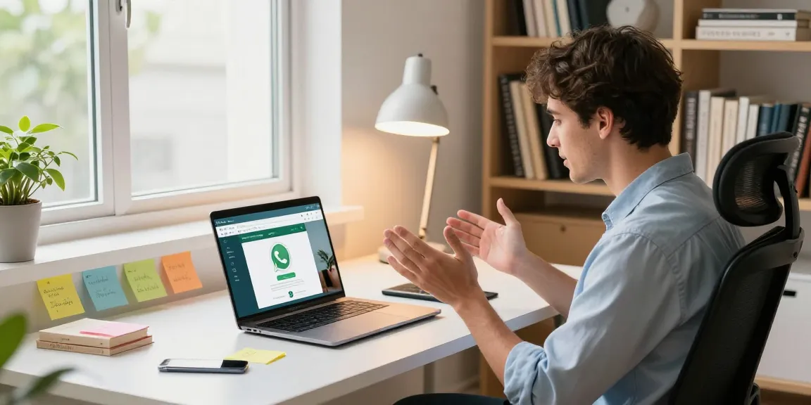 Professional engaging in video calls using WhatsApp网页版 in a vibrant home office