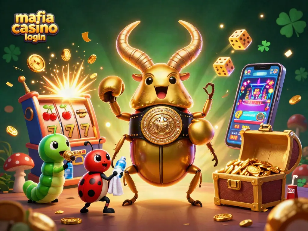 Mafia casino login scene featuring a vibrant cartoon beetle boxing champion surrounded by slot rewards.
