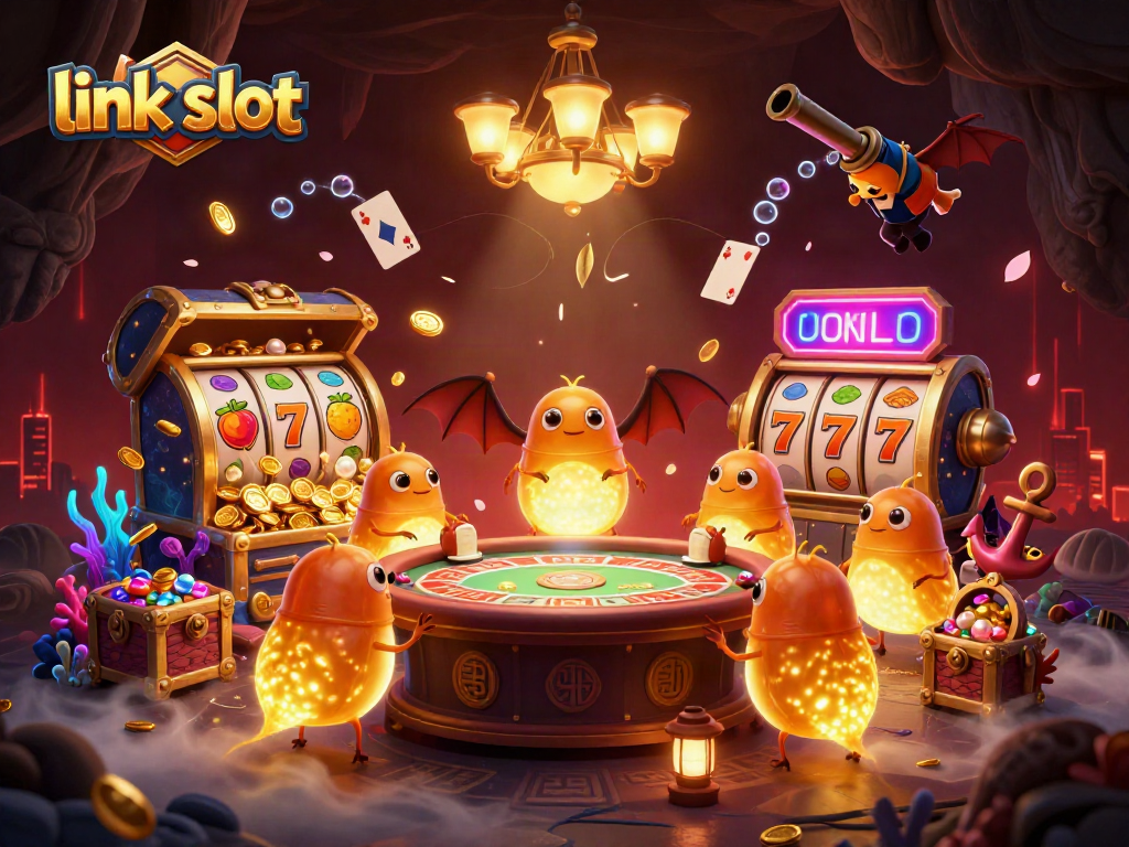 Engage with the vibrant link slot illustration showcasing glowing worm characters lighting a jubilant casino scene.