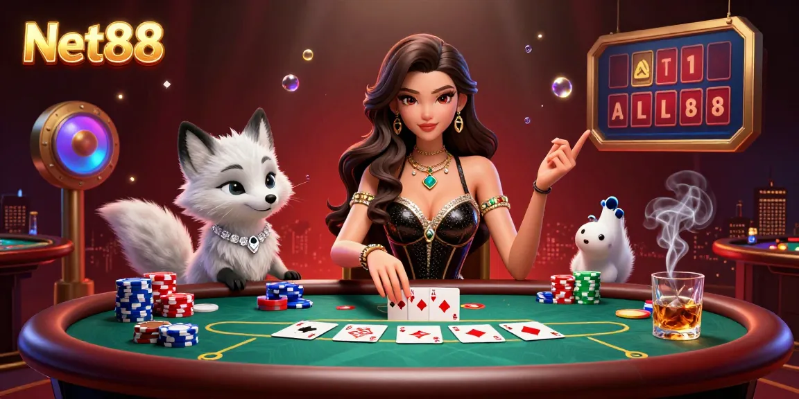 Engage with Net88 in a vibrant casino atmosphere featuring a stunning woman and poker elements.