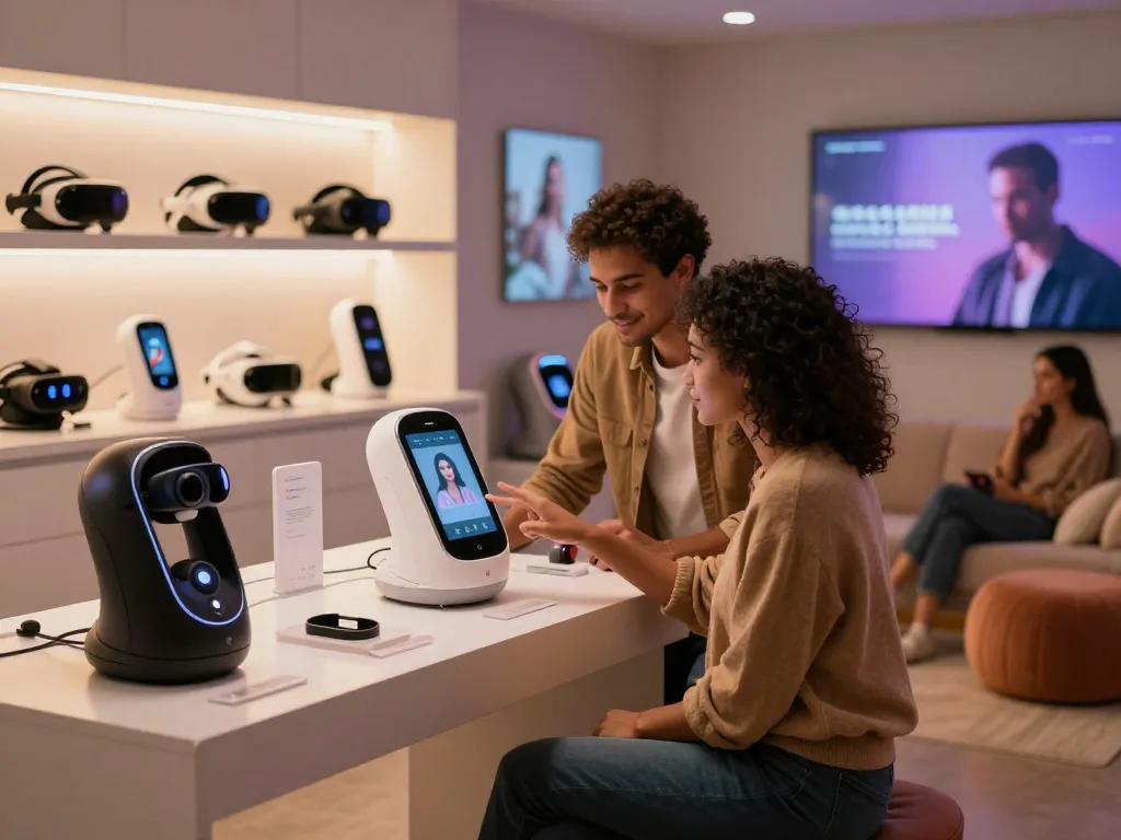 Couple exploring AI sex technology devices in a modern store setting.