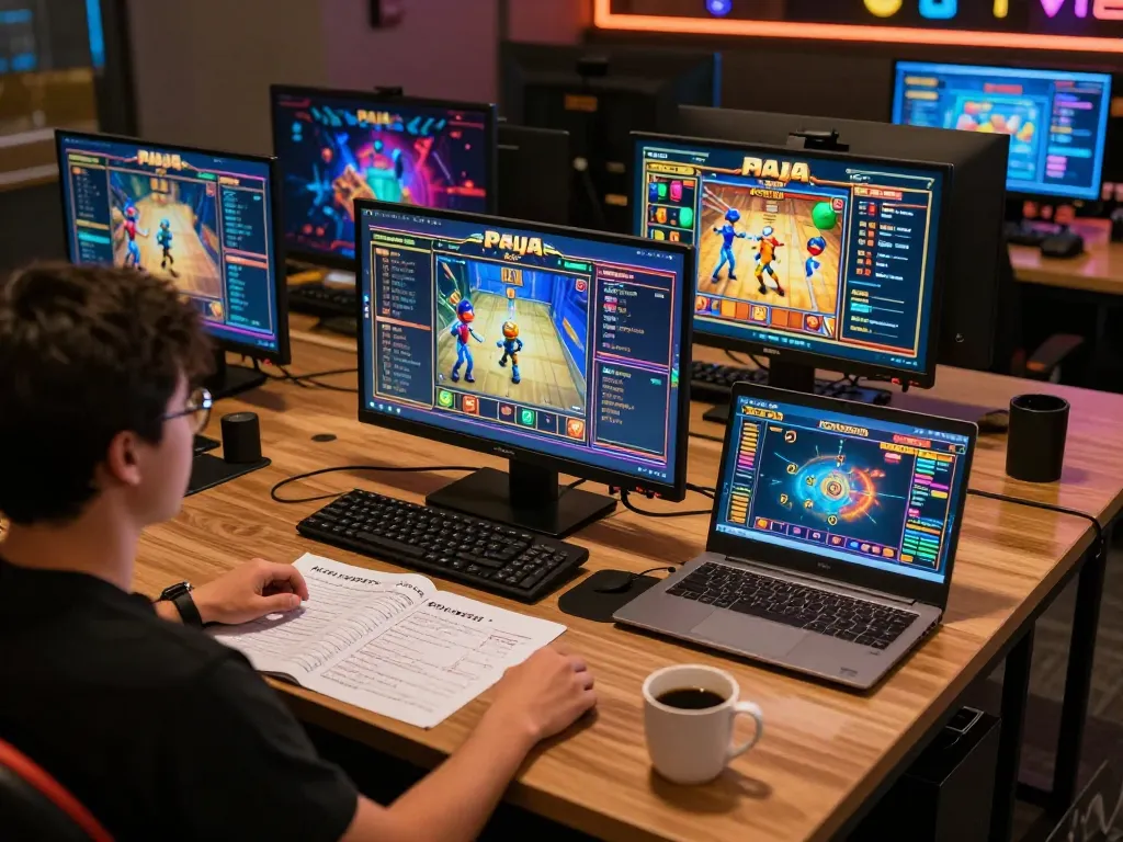 Engaged player exploring raja slot games on multiple screens, highlighting strategic gameplay.