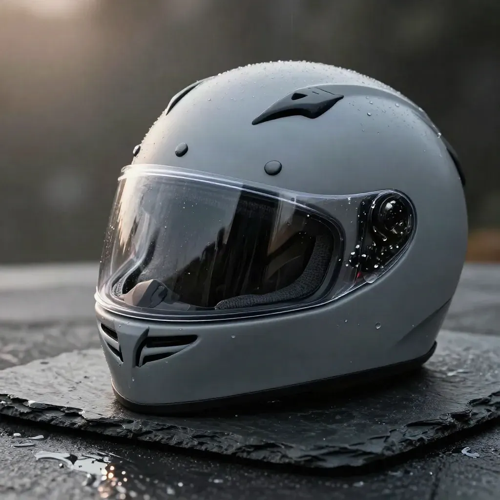 Casco integrale nero opaco con visiera, visiera di ricambio e sacca su ardesia bagnata