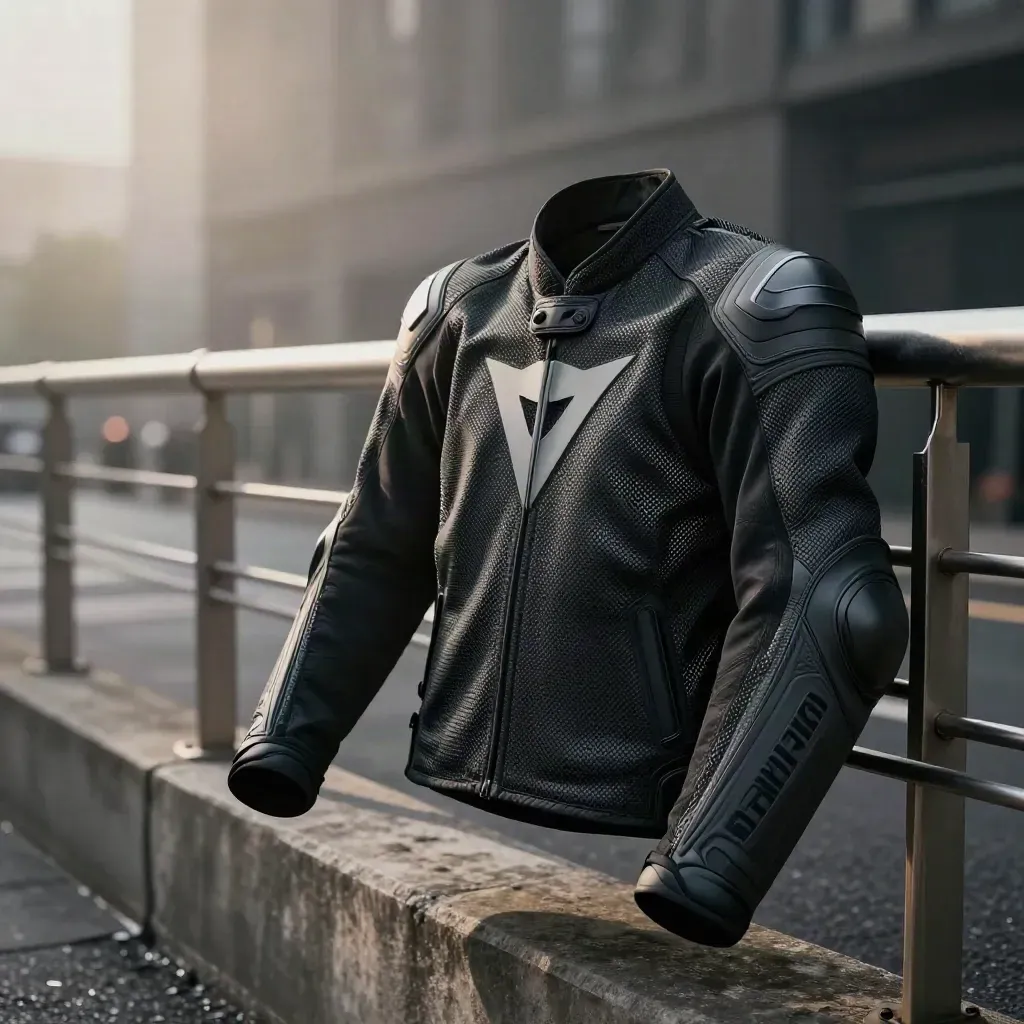 Giacca da moto in rete su corrimano metallico con gomitiere e scaldacollo, atmosfera urbana.