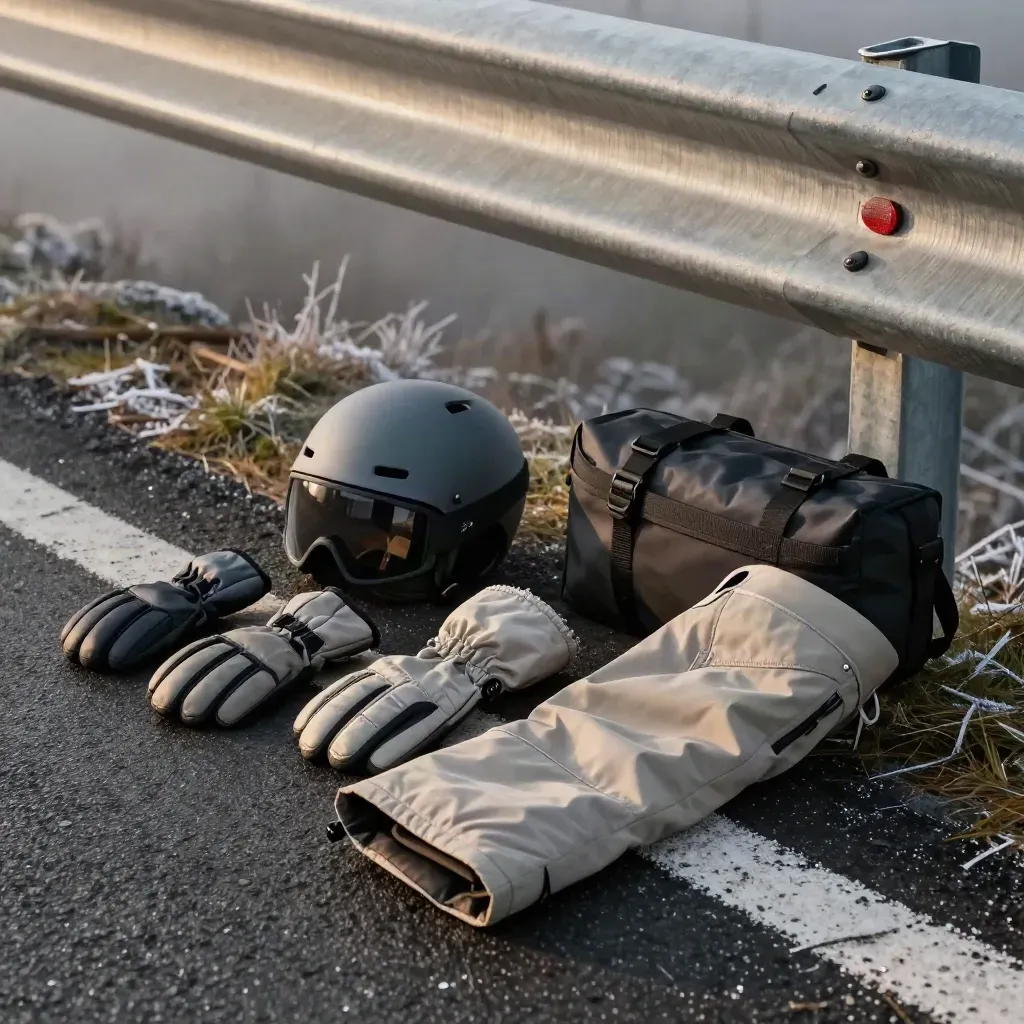 Kit touring invernale con casco, guanti, coprigambe e top case su asfalto bagnato.