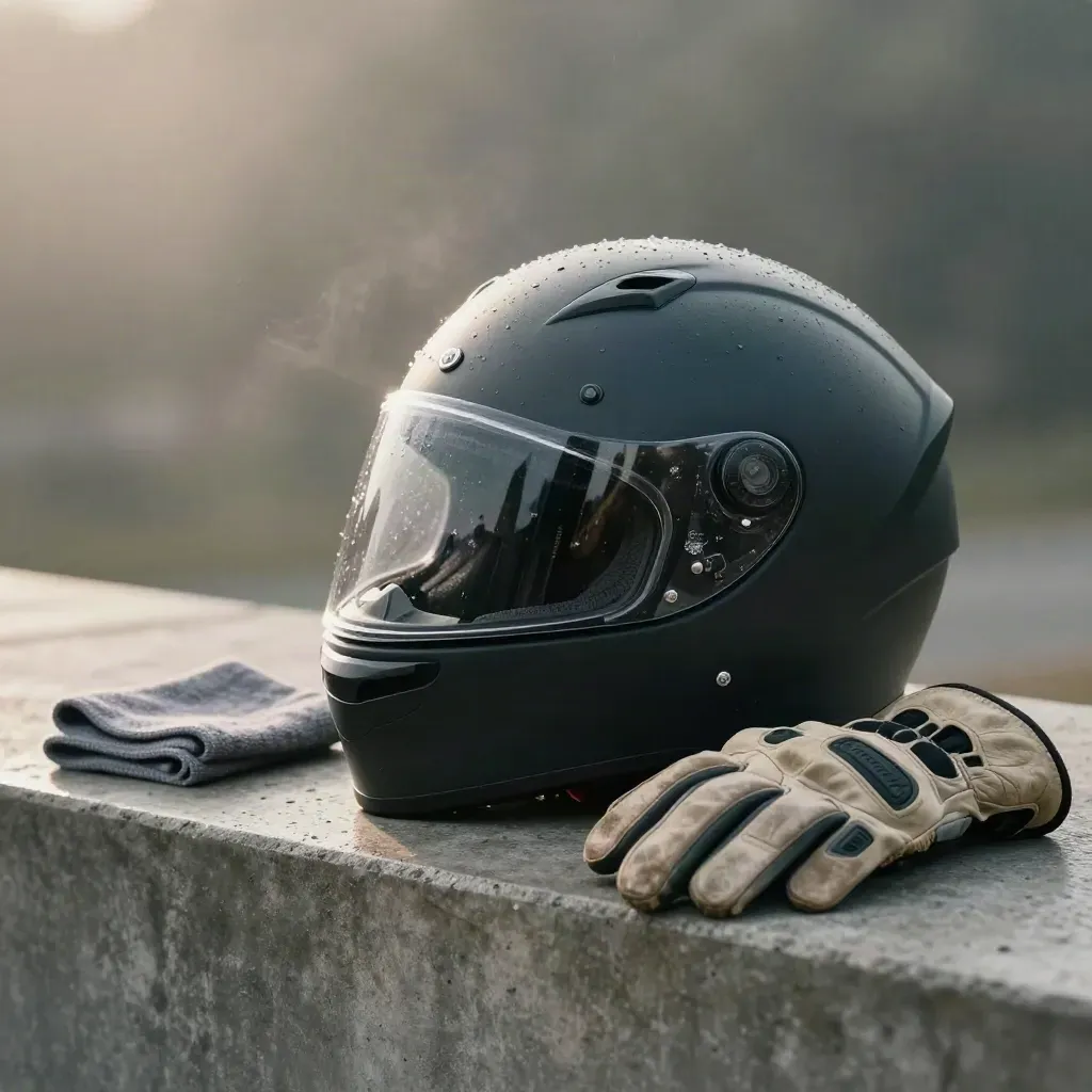 Casco integrale nero con accessori touring su base grigia, luce soffusa e lieve foschia
