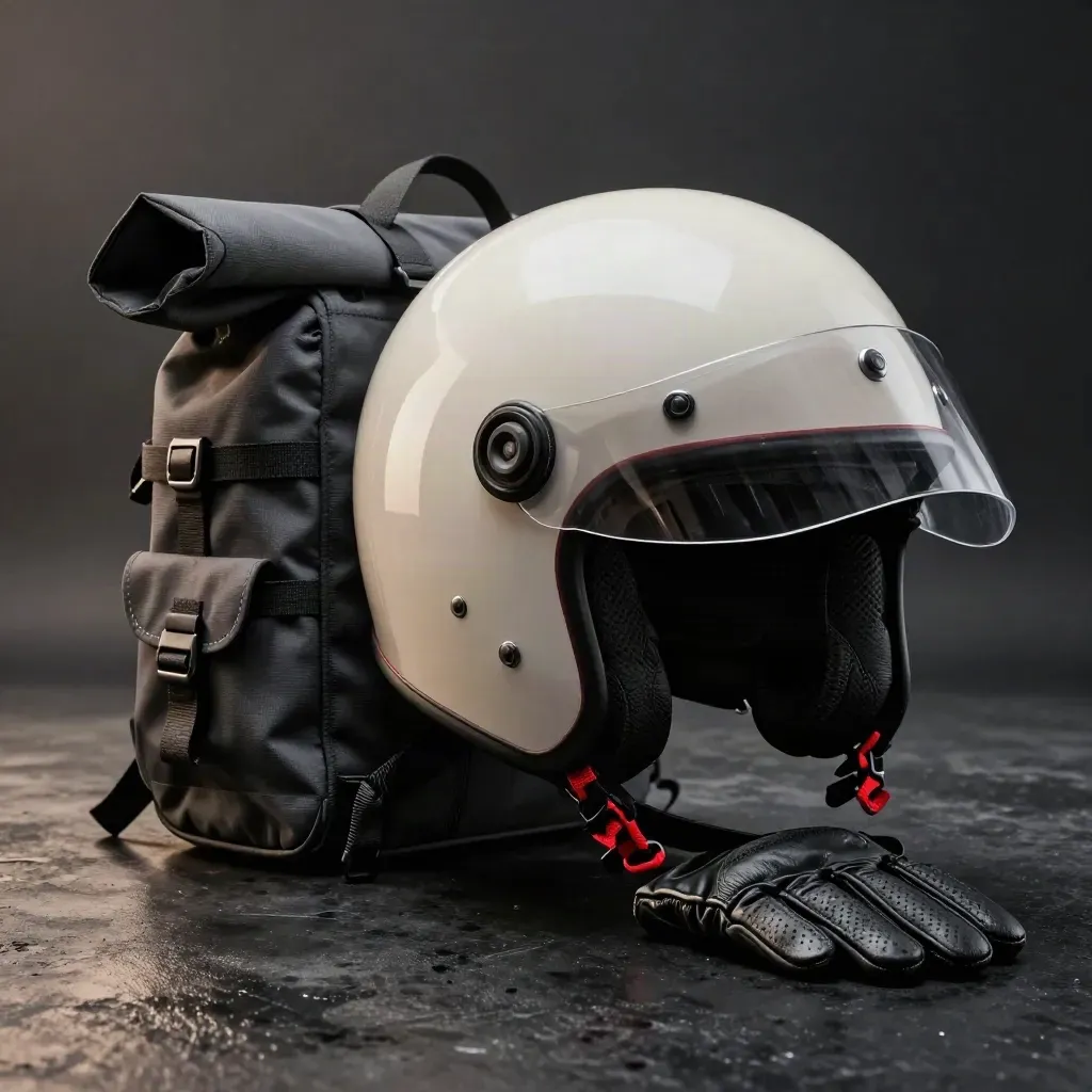 Kit weekend città: casco jet, guanti corti, zaino roll-top e giacca tecnica su fondo scuro