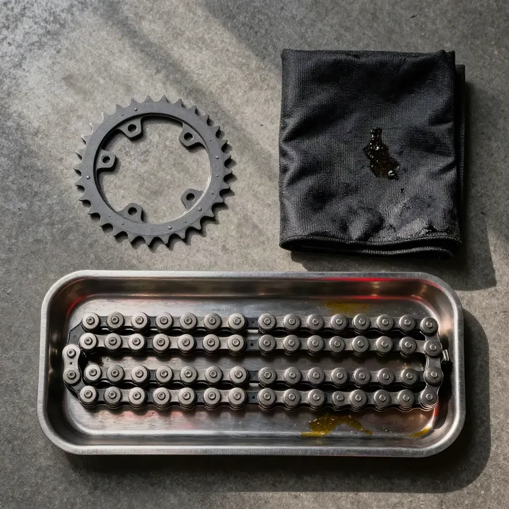 Catena moto arrotolata con pignone, straccio oleoso e vassoio metallico su cemento