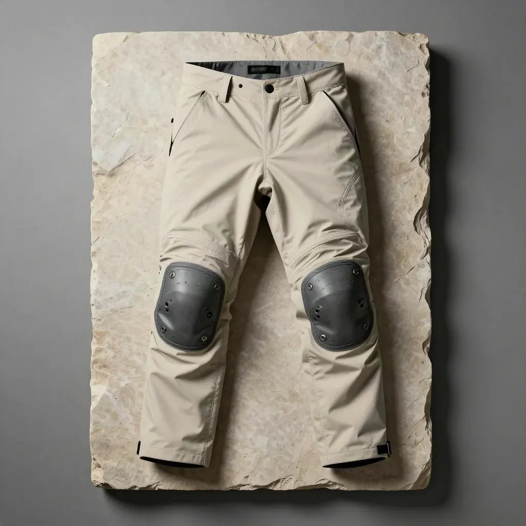 Pantaloni moto impermeabili piegati con paraschiena e stivale su pietra chiara
