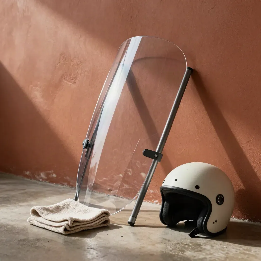 Parabrezza touring su muro neutro con specchi, panno microfibra e visiera casco