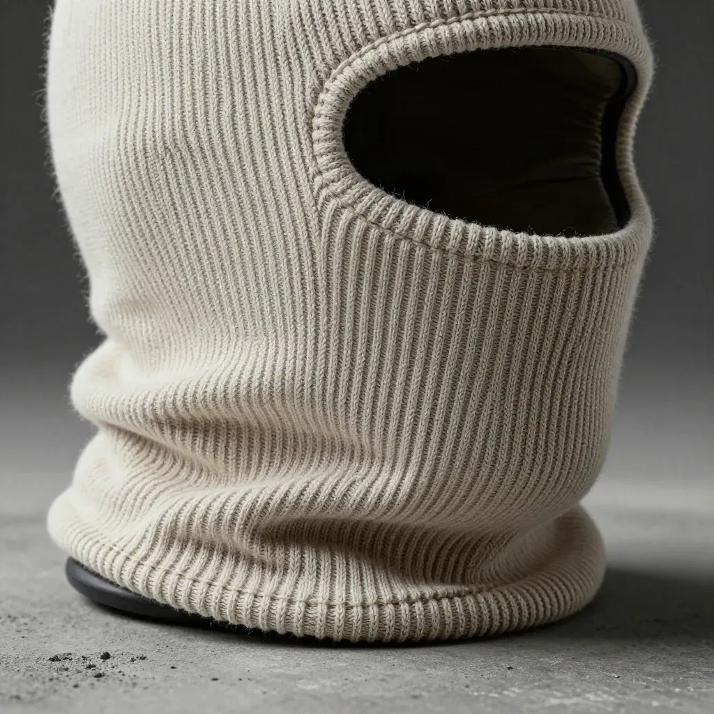 Balaclava termica piegata con interno casco e polsino guanto su cemento grigio