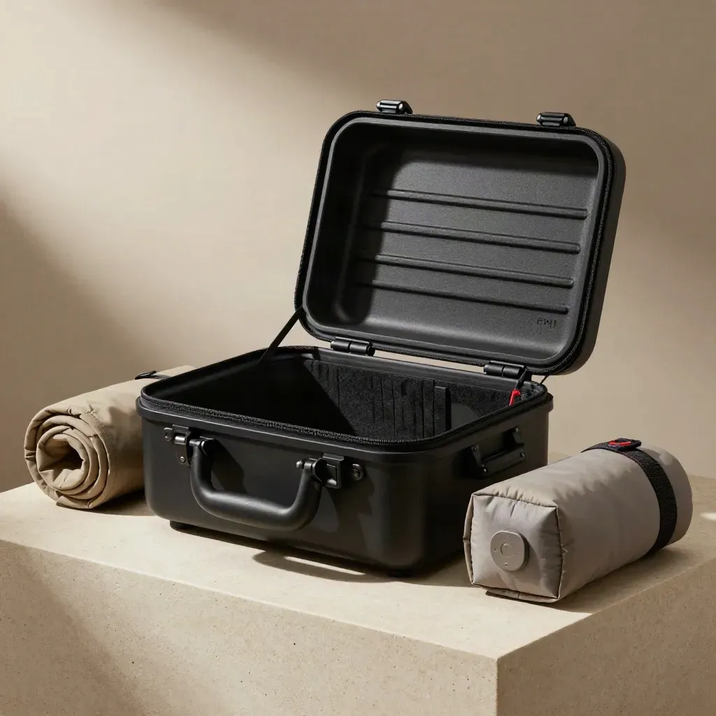 Top case moto aperto con giacca arrotolata, borsa compatta e piastra di montaggio su base chiara.