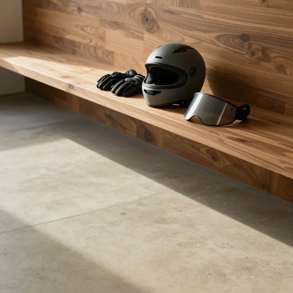 Interno loft-garage caldo con casco moto, guanti e banco in legno, luce pomeridiana e spazio per il testo.
