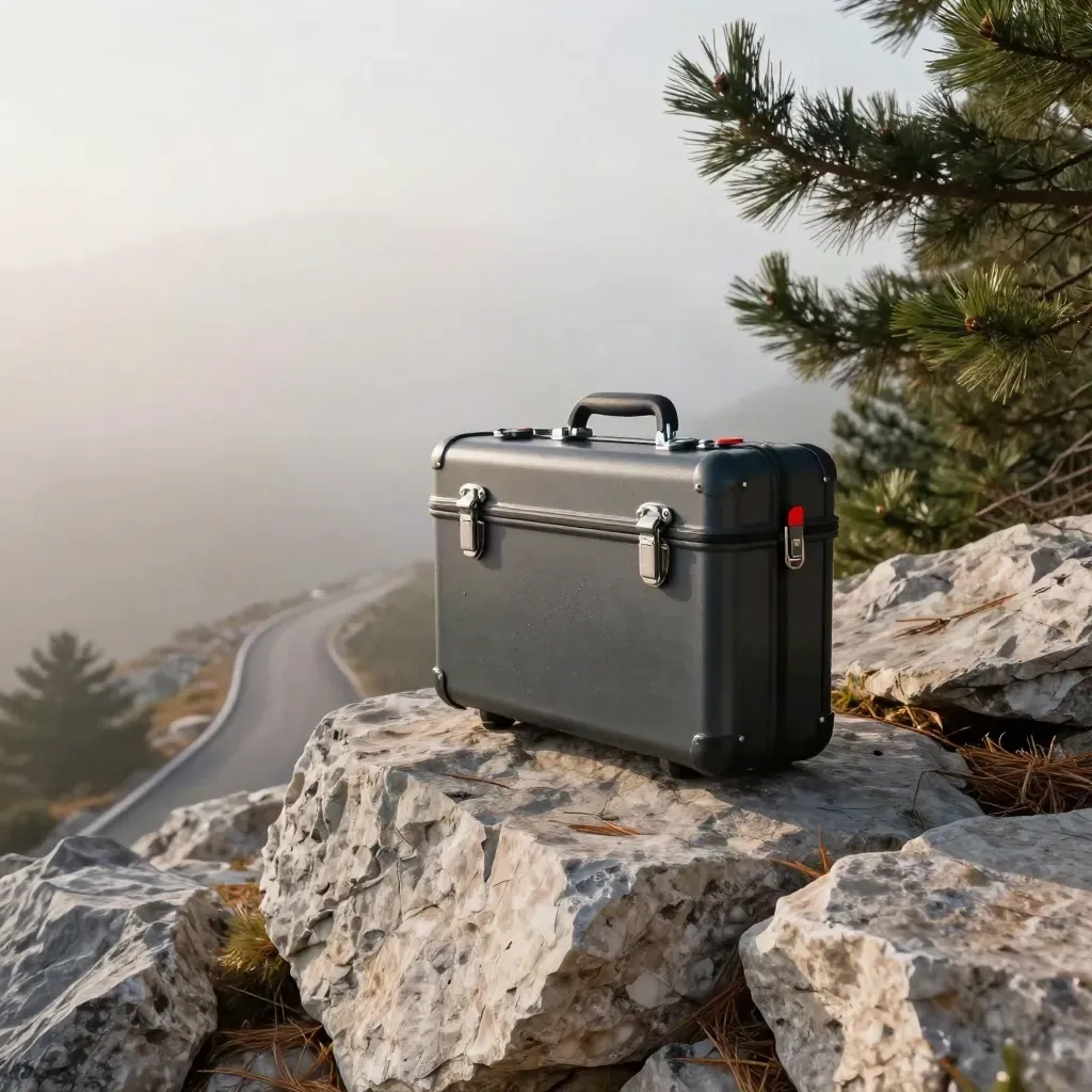 Bauletto da moto tra rocce e pini nella luce dell’alba e nella nebbia di montagna