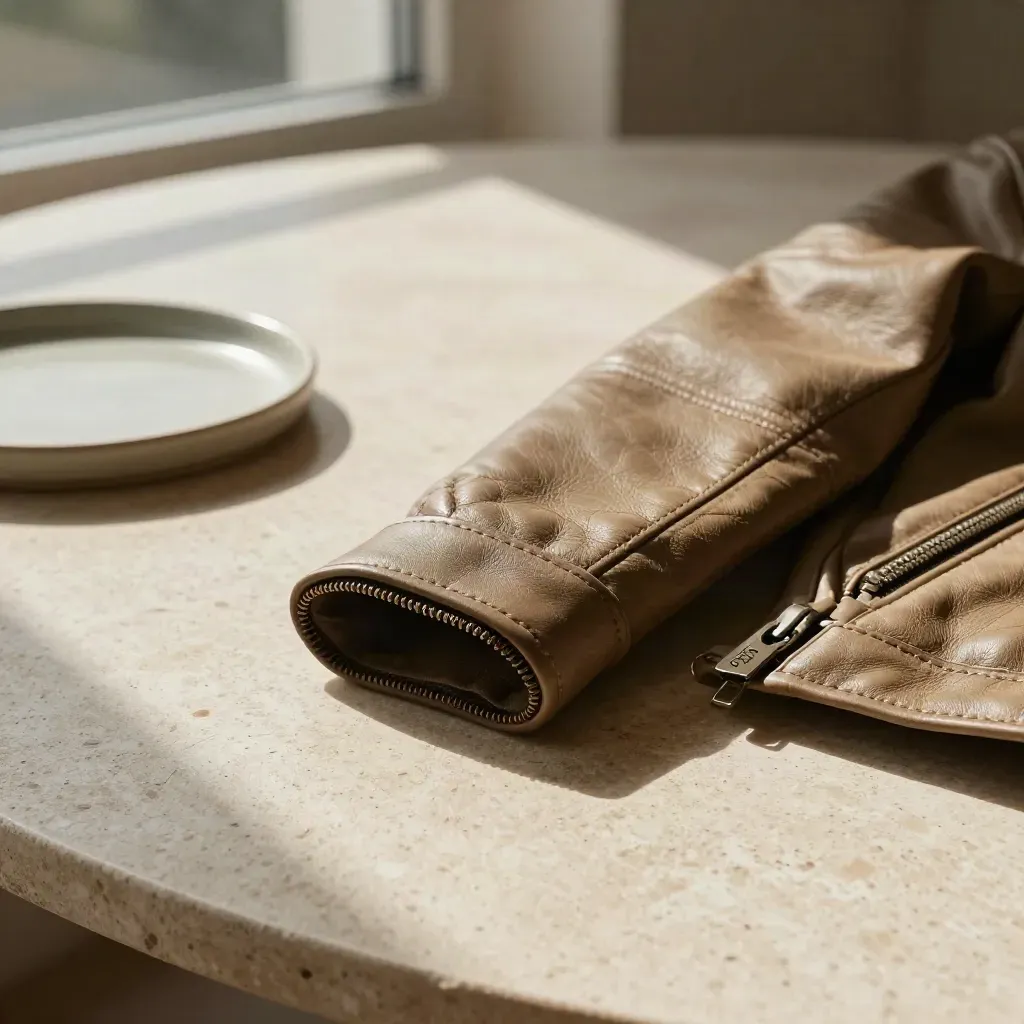 Tavolo in travertino con giacca moto in pelle, vassoio ceramico e finestra sfocata.