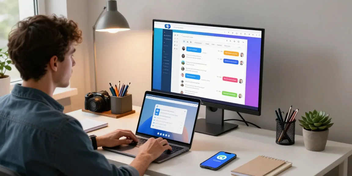 Engaging with the Telegram web version at a modern workspace with a computer display.