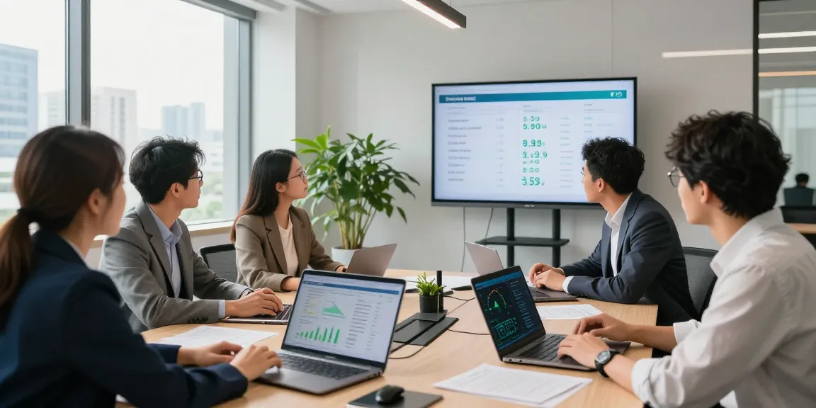 Business electricity half hourly meter discussion in a modern office with professionals analyzing energy data