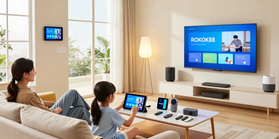 Family enjoying ROKOK88 daftar experience with smart home devices in a cozy living room.