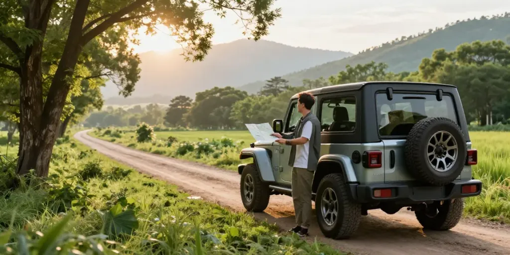 Noleggio lungo termine Jeep in panorami naturali, uomo esplora la libertà di viaggiare.