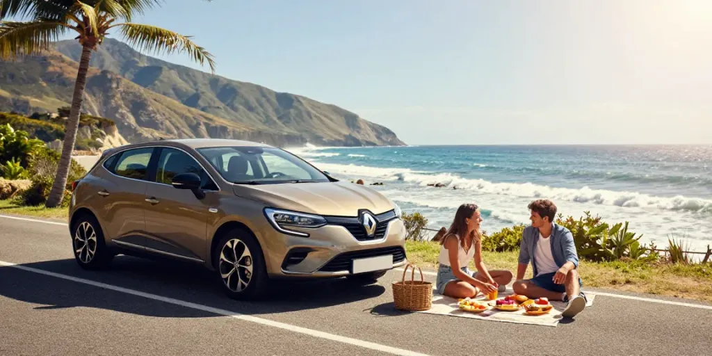 Noleggio lungo termine Renault in una scena di picnic romantico sulla costa con un'auto in primo piano.