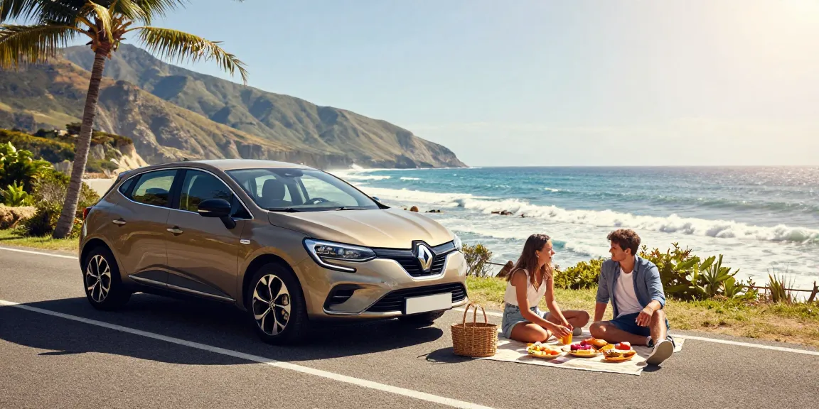 Noleggio lungo termine Renault in una scena di picnic romantico sulla costa con un'auto in primo piano.