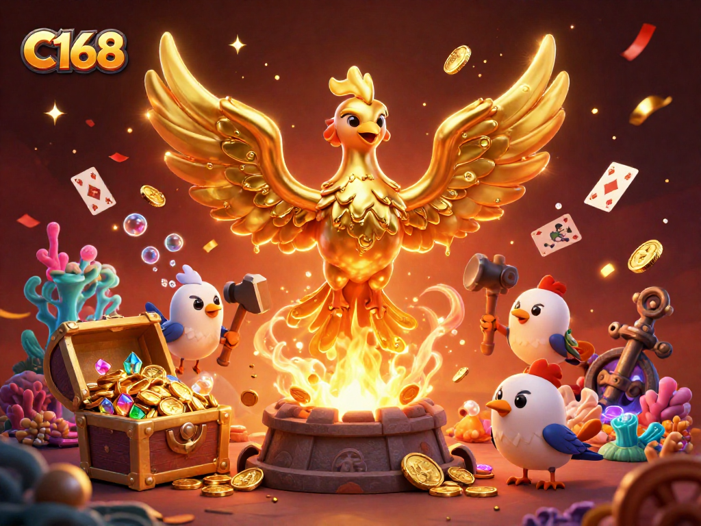 C168 elevates the gaming experience with a 3D golden phoenix rising from molten gold surrounded by vibrant casino elements.