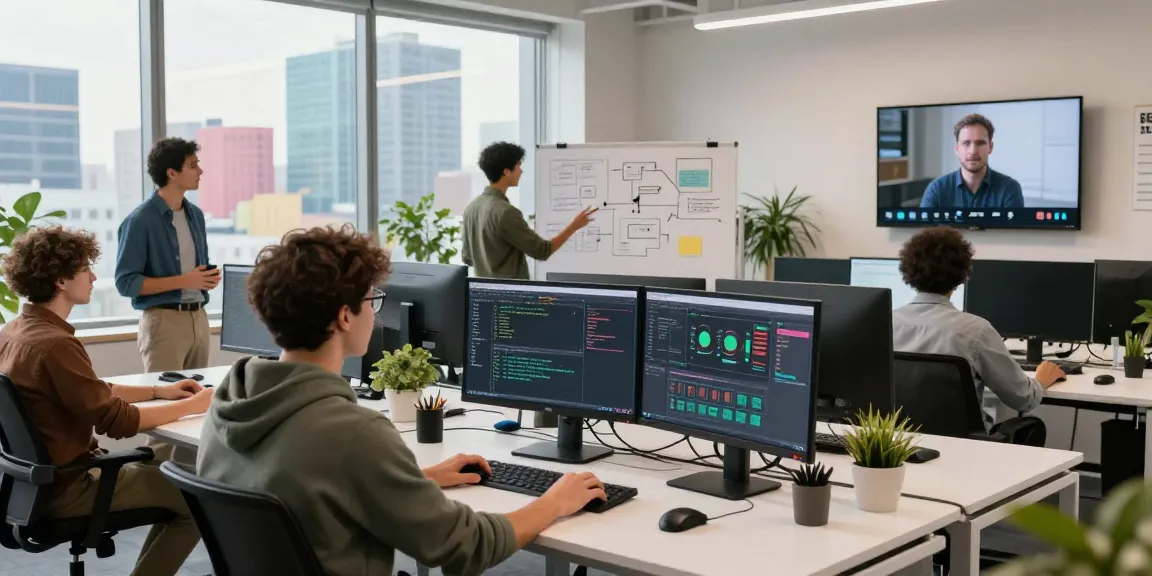 Dynamic team collaboration at the WPS Official Website context featuring developers and coding interfaces in a vibrant office setting.