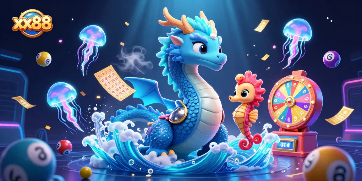 xx88 captures a lively underwater gaming scene with vibrant dragon and seahorse amidst lottery excitement.