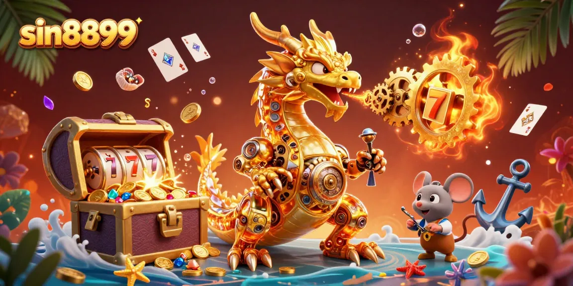 Engage in thrilling slots at sin8899 with a vibrant 3D dragon and treasures.
