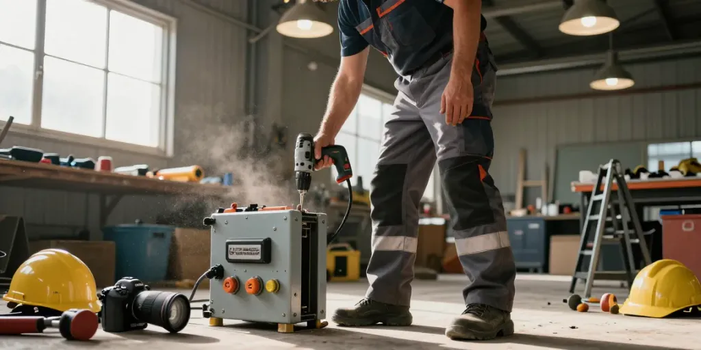 Pantaloni U-Power indossati da un lavoratore in un'officina, mentre utilizza un trapano elettrico.