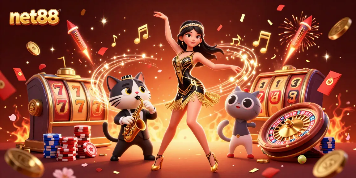 Experience the excitement of net88 with animated casino games and characters celebrating.